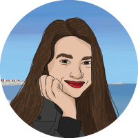 ioana's illustrated profile picture. she has white skin and dark brown hair that is long. She is wearing red lipstick and standing in front of a beach.